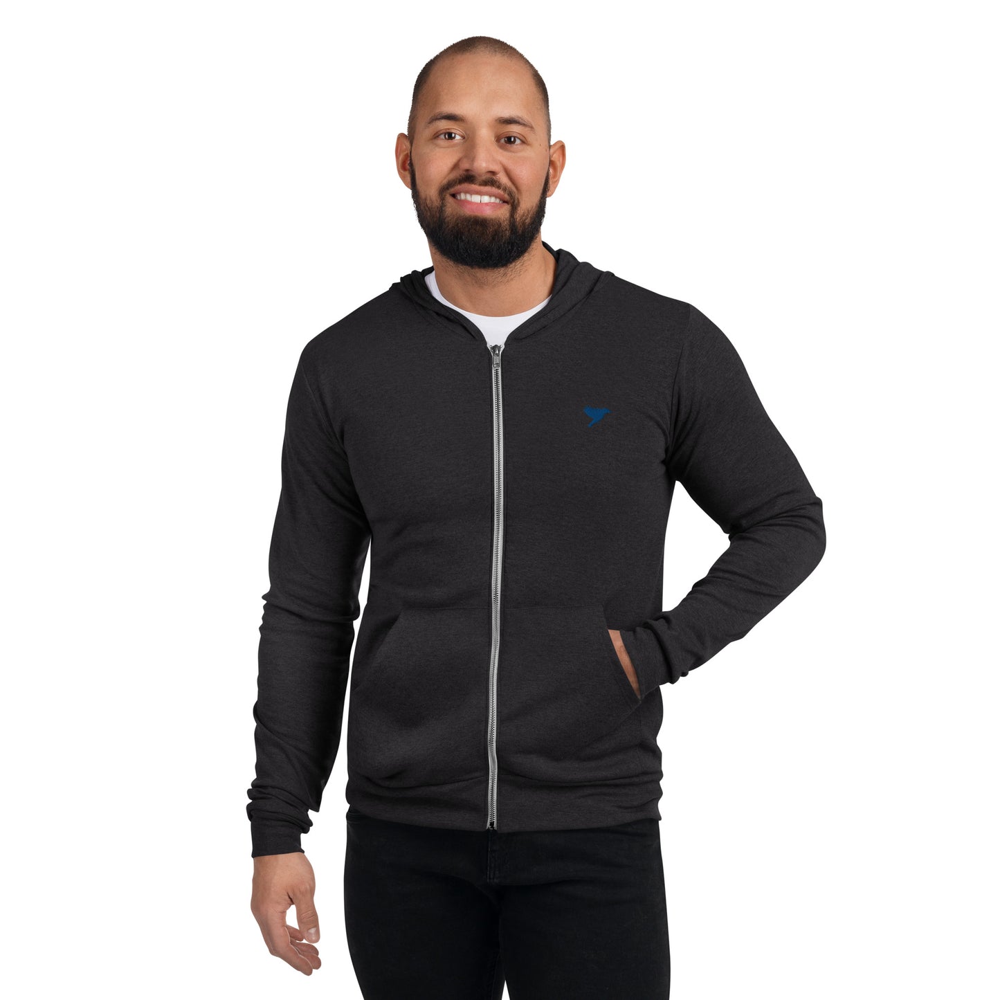 Mens Lightweight zip hoodie - Black with blue kookaburra logo