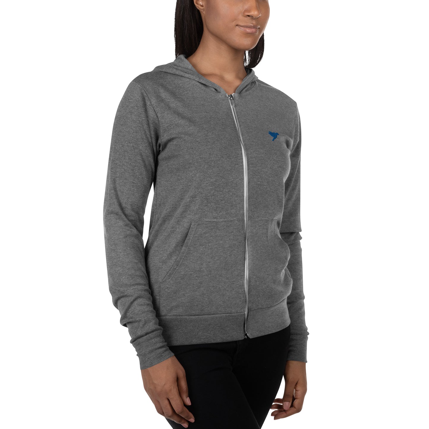 Womens Lightweight zip hoodie - Grey with blue kookaburra logo