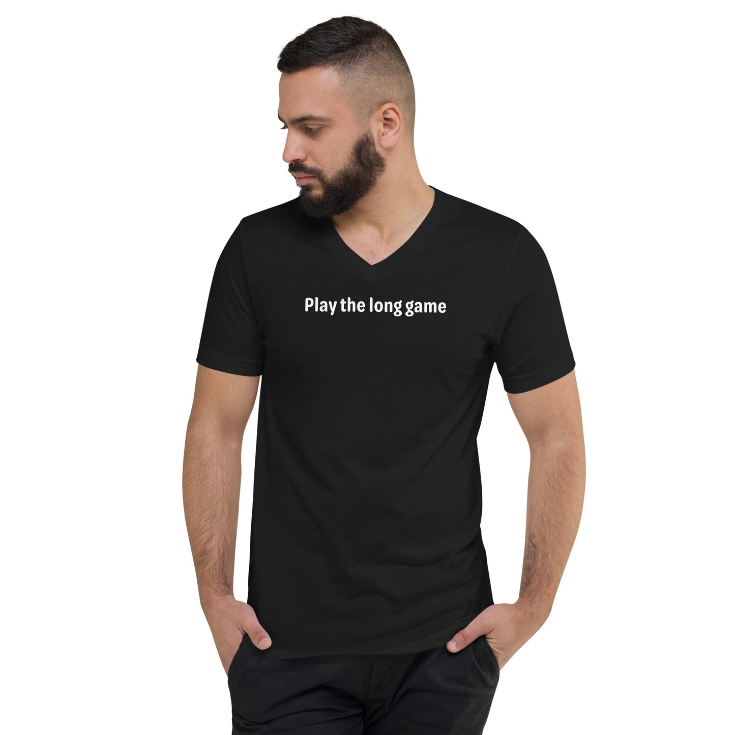 Play the long game - White Text - Mens V-Neck T-Shirt