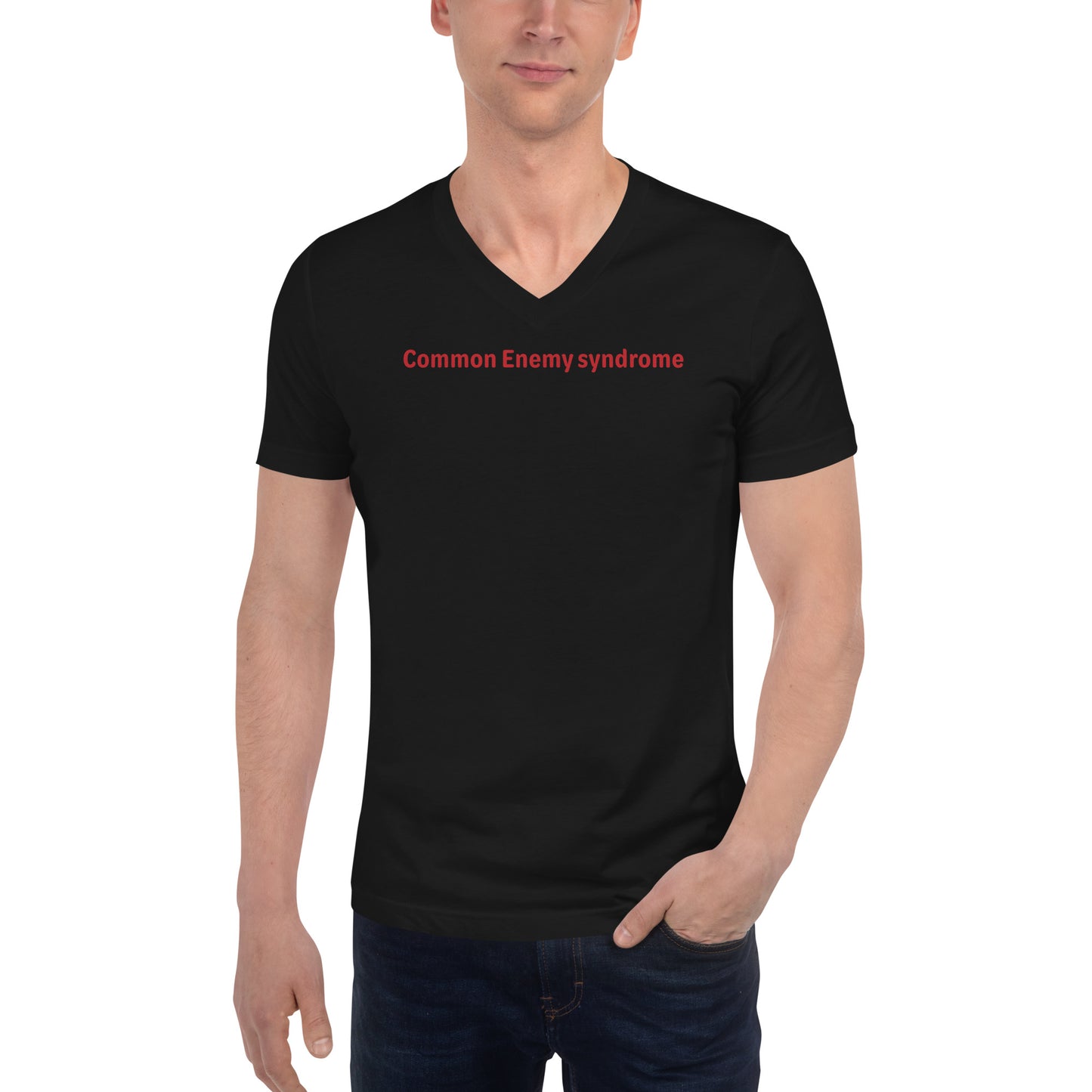 Common Enemy Syndrome - Red Text - Mens V-Neck T-Shirt