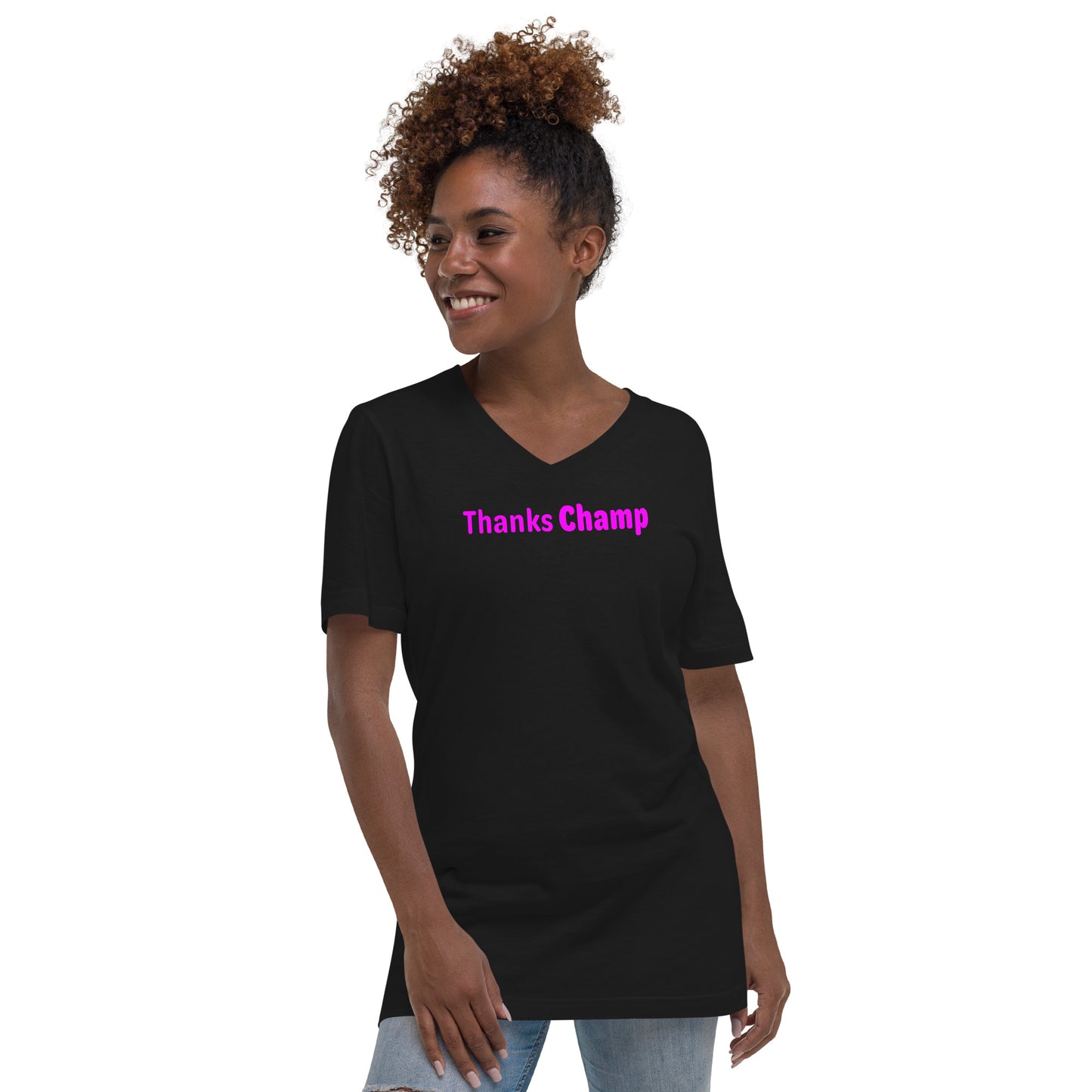 Thanks champ - Magenta text - Womens V-Neck T-Shirt