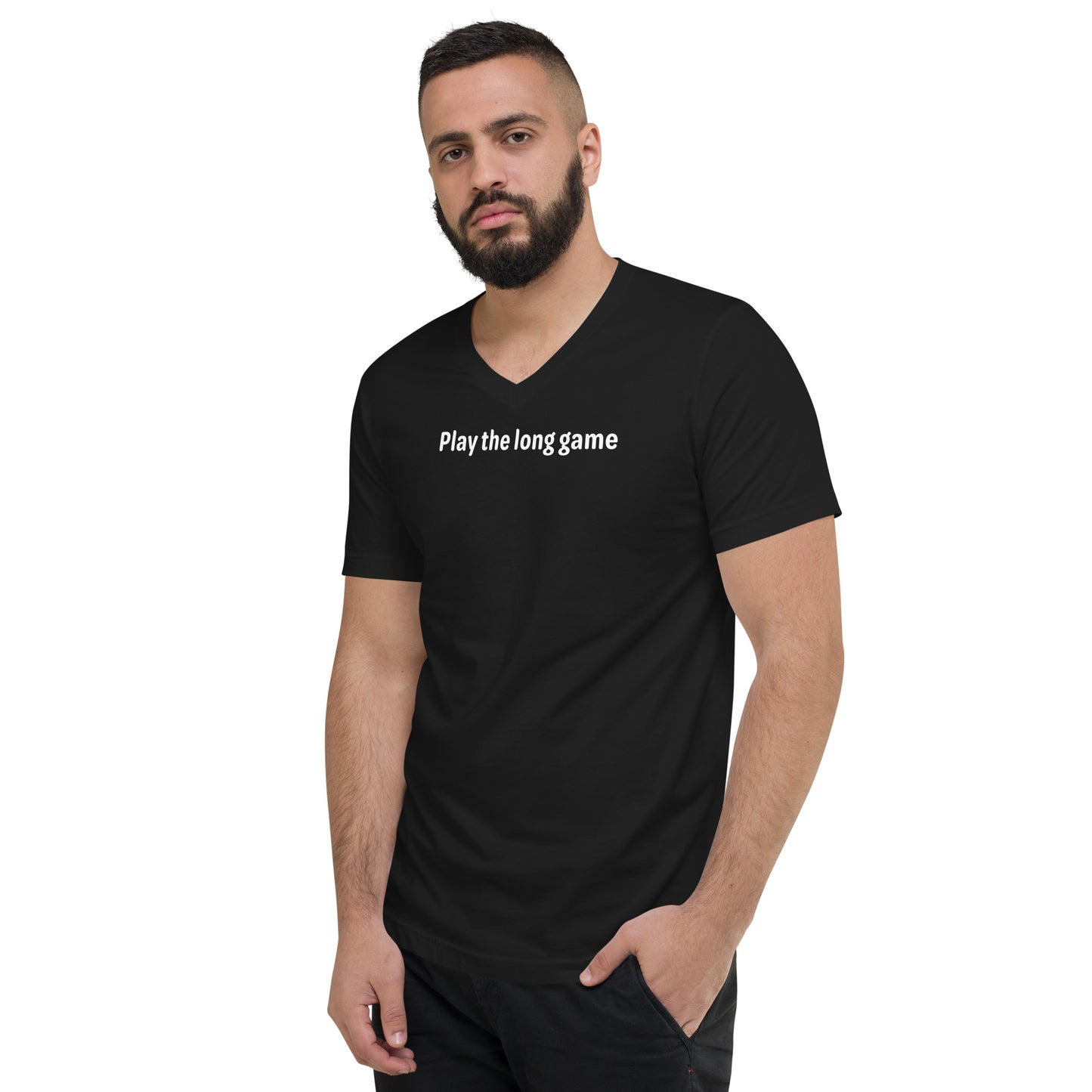 Play the long game - White Text - Mens V-Neck T-Shirt