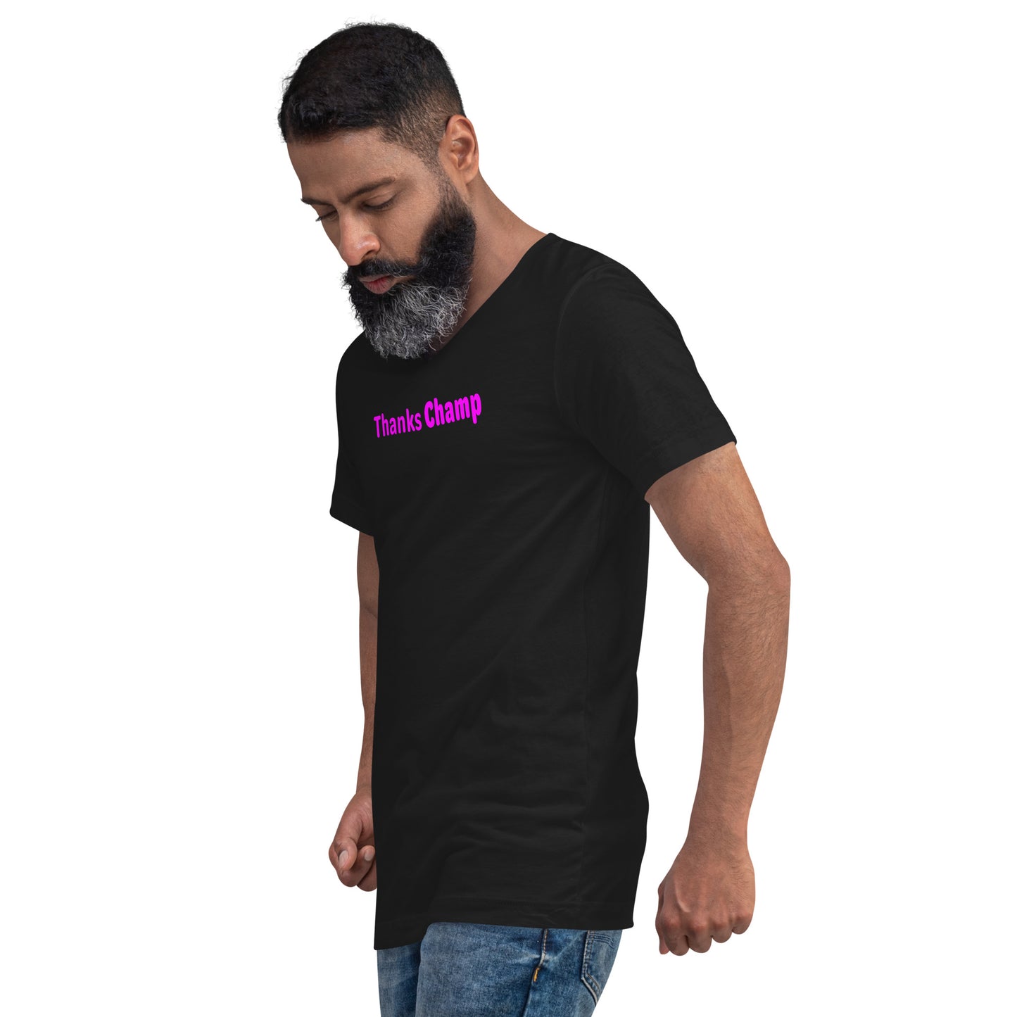 Thanks Champ - Magenta Text - Mens V-Neck T-Shirt