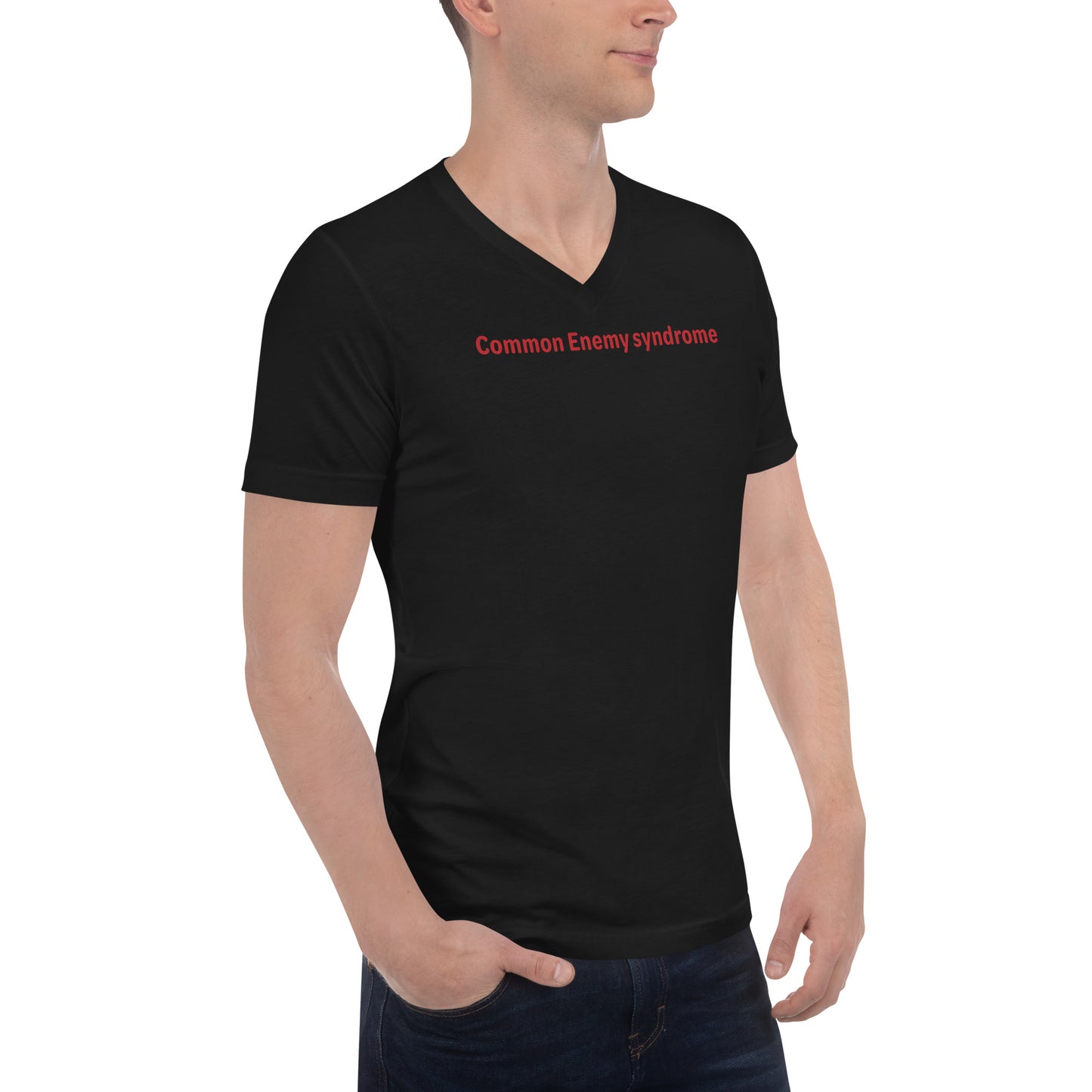 Common Enemy Syndrome - Red Text - Mens V-Neck T-Shirt