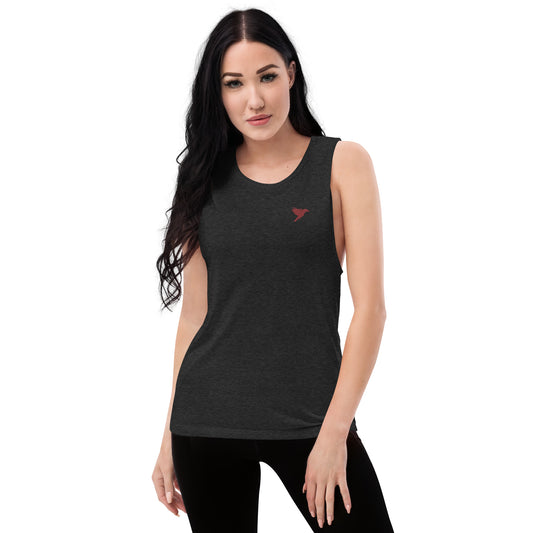 Womens Muscle Tank- Black with dark red kookaburra logo