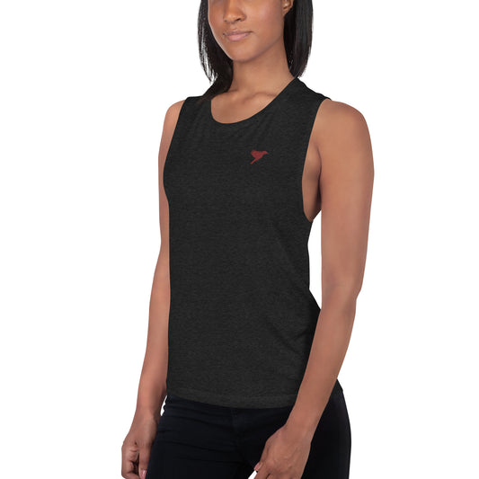 Womens Muscle Tank- Black with dark red kookaburra logo