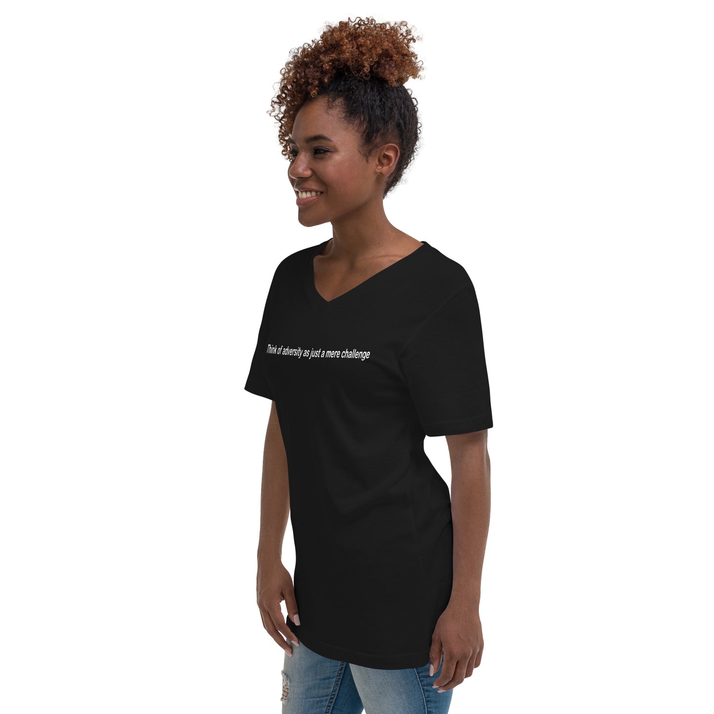 Adversity - a mere challenge - White text - Womens V-Neck T-Shirt