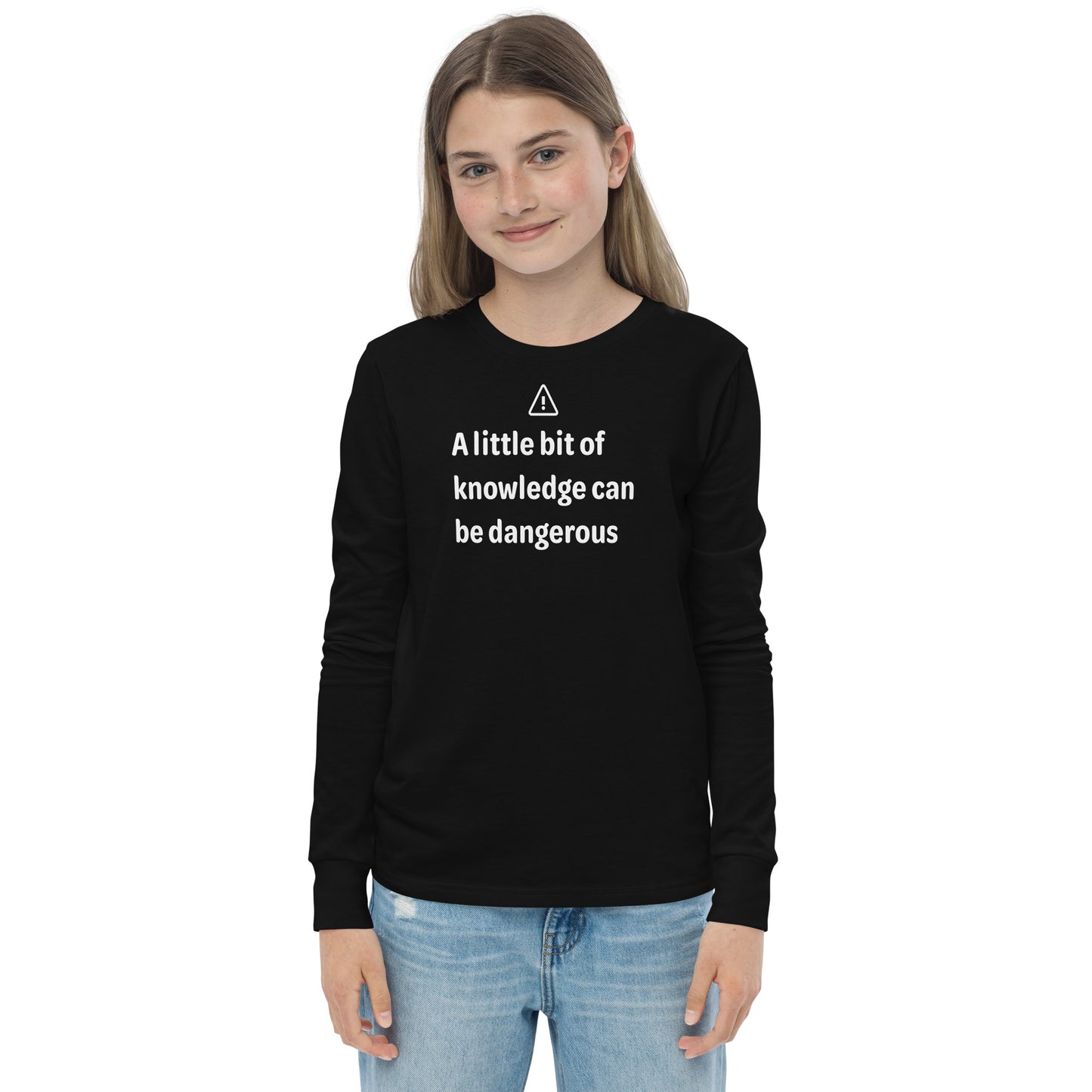 Dangerous level of knowledge - White Text - Youth long sleeve tee